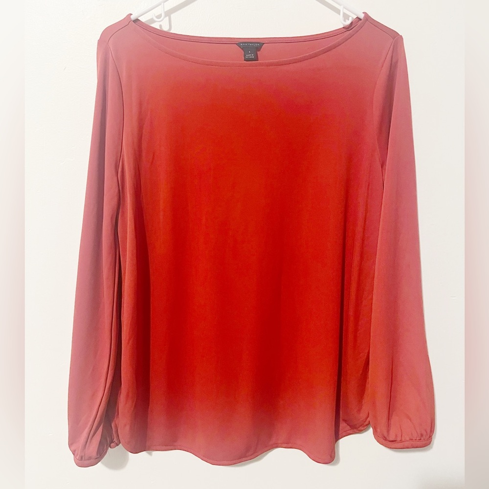 Ann Taylor Bright Red Orange Statement Balloon Sleeve Wrinkle Free Boat Neck Top